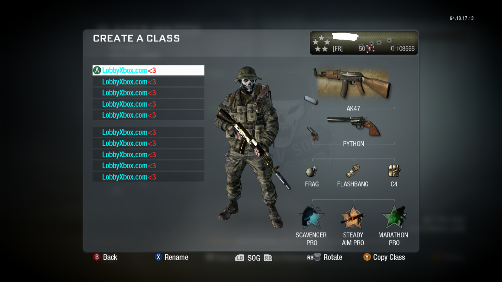Lobby Call of Duty Black Ops 1 sur Xbox 360 avec unlock all et prestige au choix