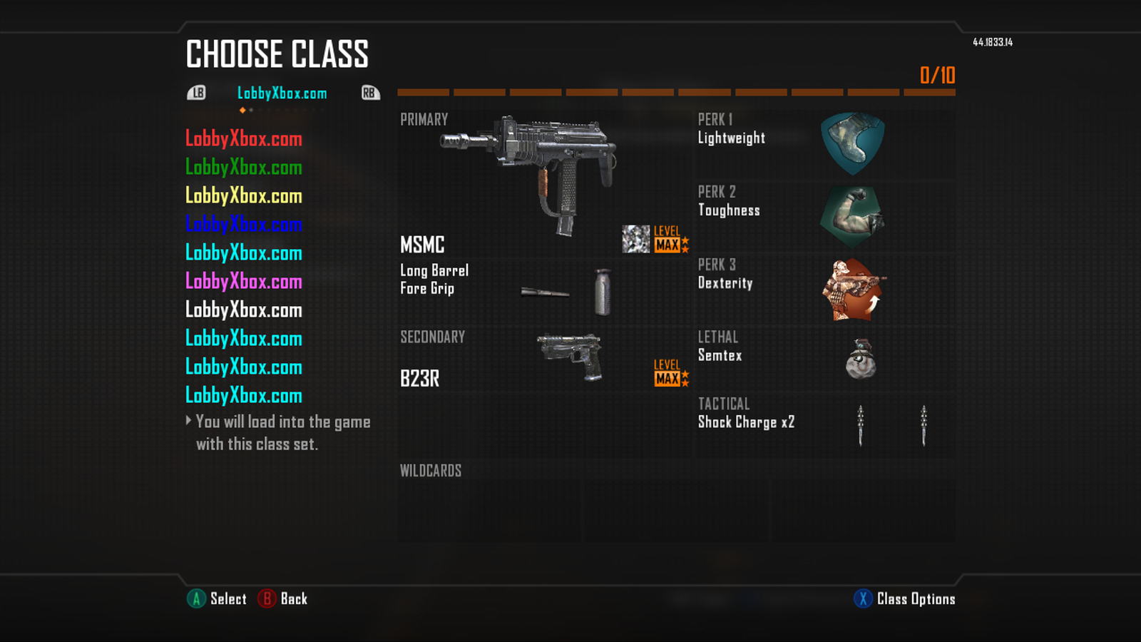 Lobby Black Ops 2 sur Xbox 360 avec unlock all et classes en couleur